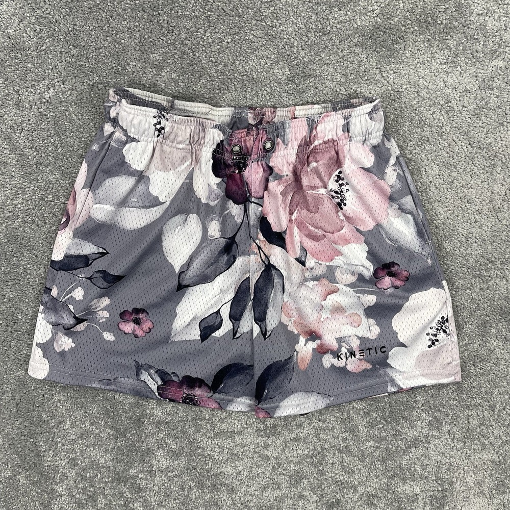 Kenetic Kings Shorts Mens Medium Gray Pink Floral Athletic 5" Inseam Mesh